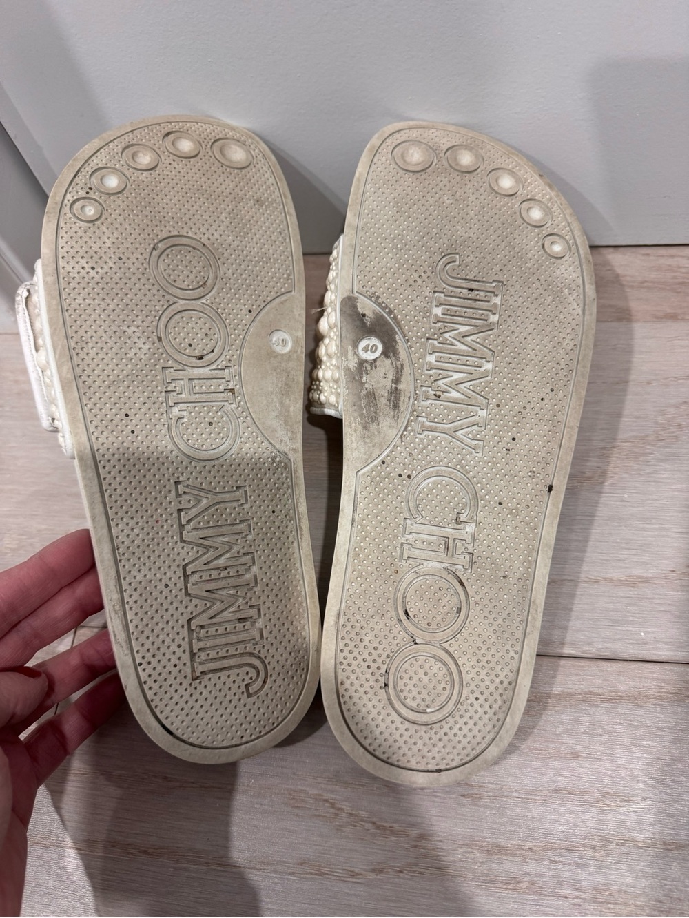 Jimmy Choo Pearl-Embellished Cream Pool Slide Sandals - Picture 5 of 6
